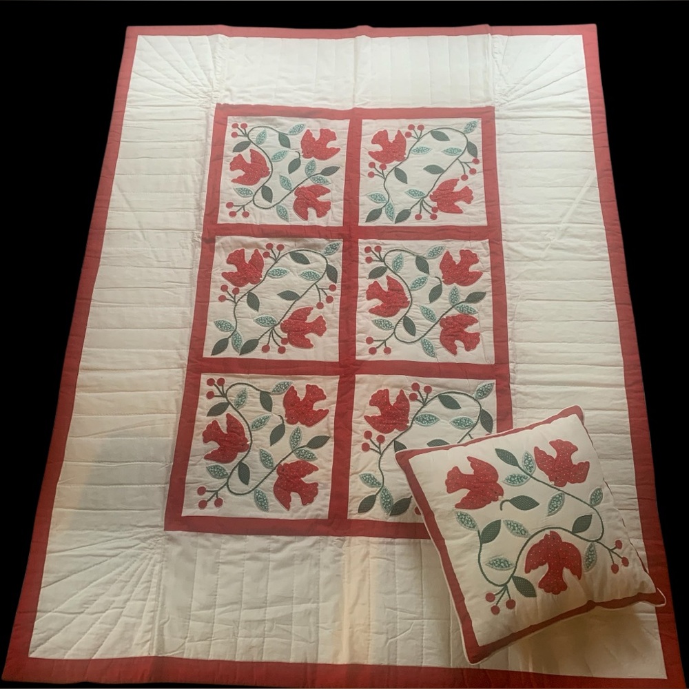 American Pacific Quilted Dove Throw & Pillow Set 50x62” Ivory Red Birds Berries